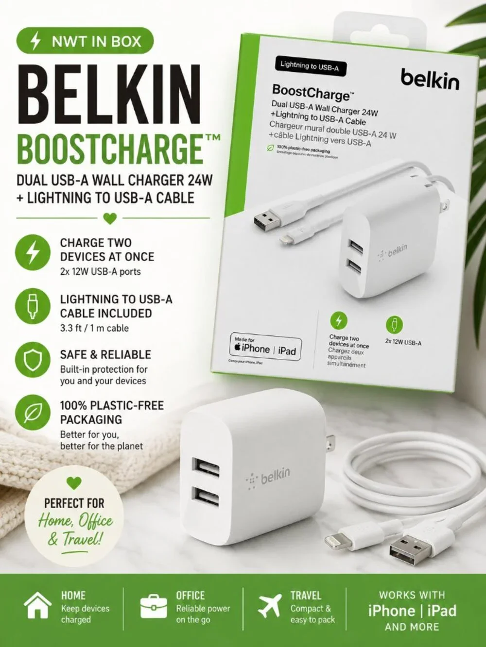 Belkin BoostCharge 24W Dual USB-A Wall Charger + Lightning Cable NWT in Box